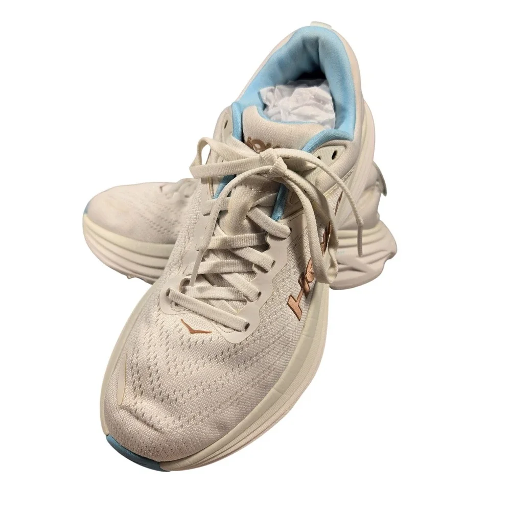 Hoka Bondi 8 Womens Road Running Shoes White Blue Rose Gold 7.5B 1127896